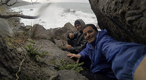 Popi and I pretending not to be getting wet in true West Coast conditions
