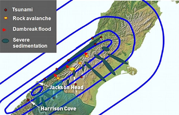 Predicted isoseismals & consequences for the next Alpine Fault rupture (source: <a href="example.com">http://bit.ly/1DZWvK1</a>).
