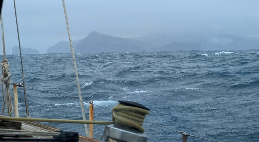 Antipodes Island in the mist.